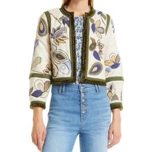 Veronica Beard  Benica Embroidered Floral Silk Jacket in Oyster